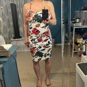 Floral White Spaghetti-Strap Bodycon Dress